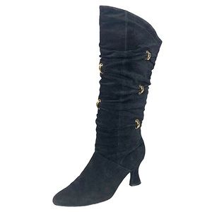 Black Suede Knee-High Heeled Boots with Gold Accents